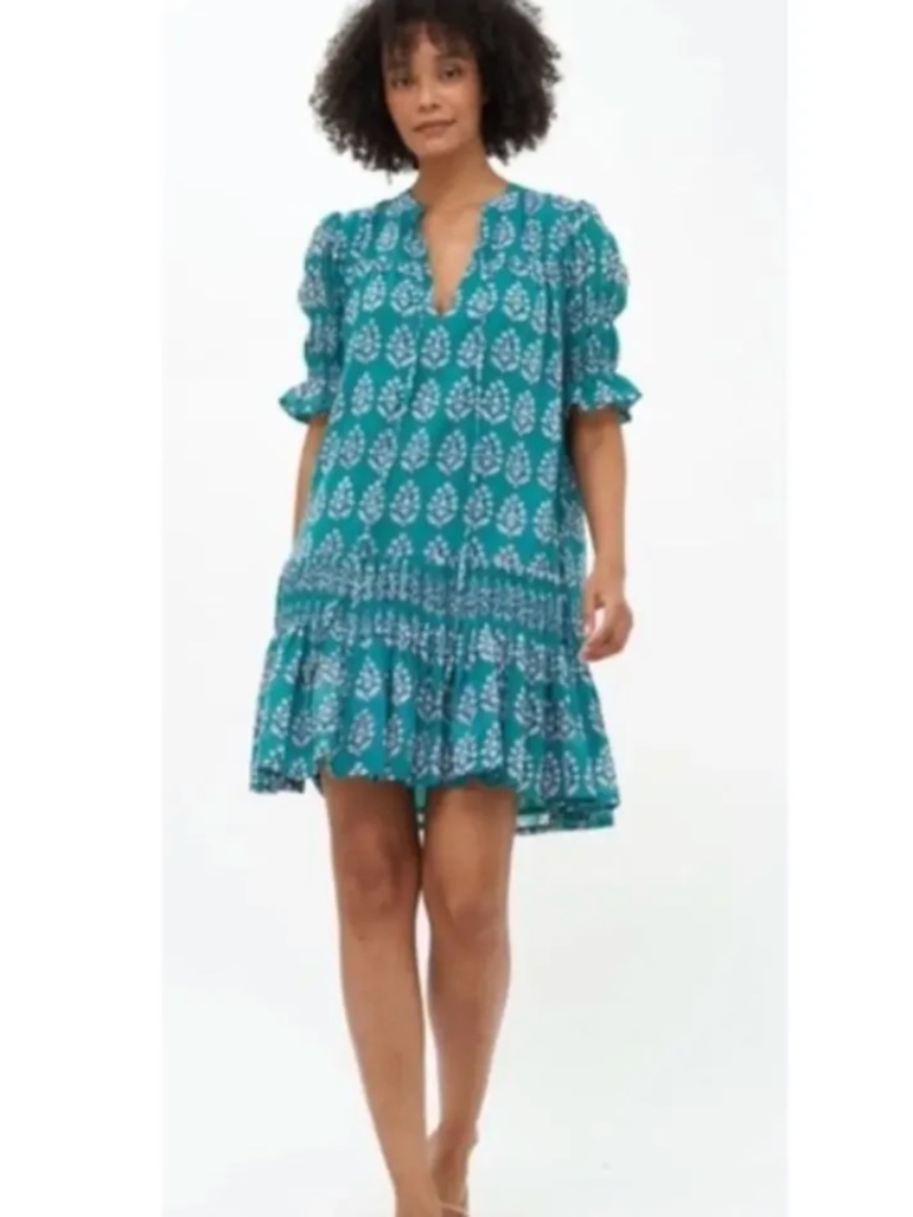 OLIPHANT Deep V-Neck Smocked Drop Mini Teal Green Dress Sz XS